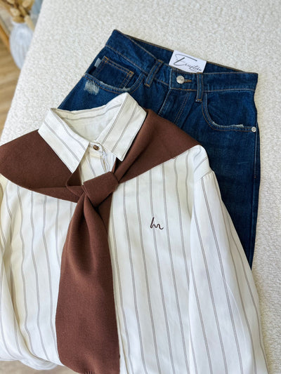 Chemise rayée avec scarf marron