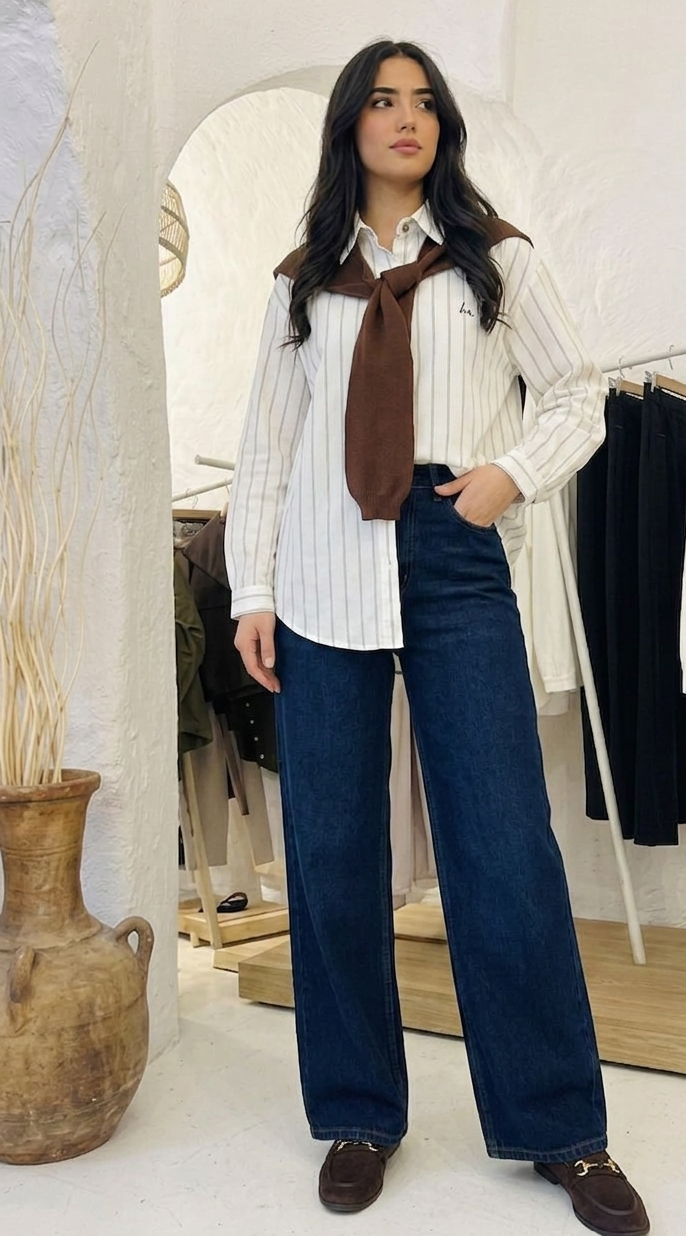 Chemise rayée avec scarf marron