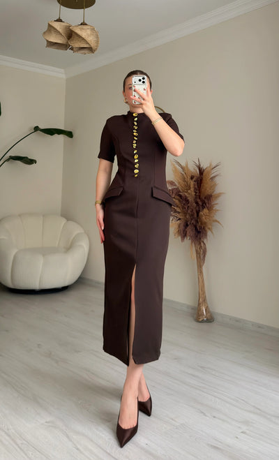 Robe Midi Cintrée à Boutons Dorés