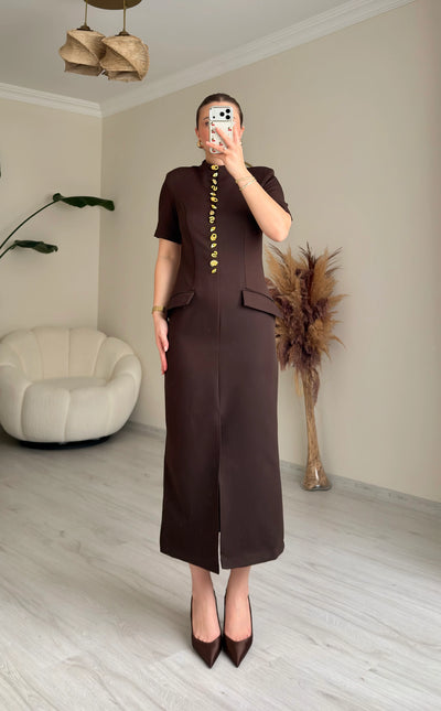 Robe Midi Cintrée à Boutons Dorés