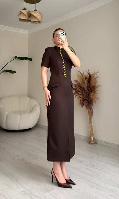 Robe Midi Cintrée à Boutons Dorés