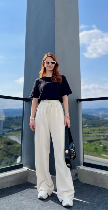 Pantalon large en lin avec nervure